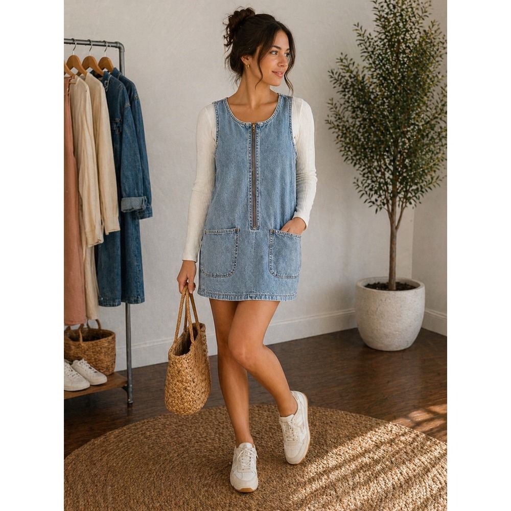 Arizona Jean Co Vintage Denim Pinafore Mini Dress Light Wash Half Zip M Cowgirl
